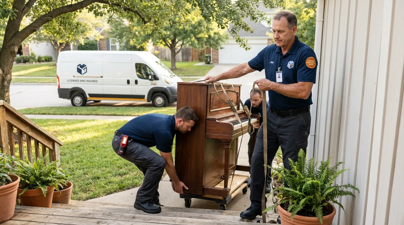 Licensed piano movers securing grand piano in Salmon, ID